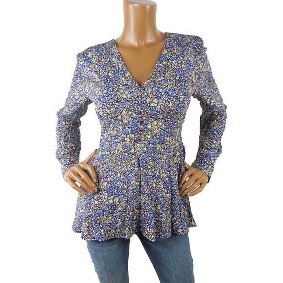 Leith Tops - LEITH Top L Floral Ditsy Print Blouse V Neck Shirt Long Sleeves Multi-Colored